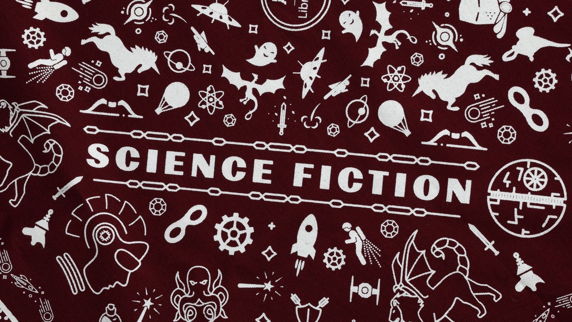 Bandana with sci-fi and fantasy icons, such as a space ship and unicorn. It reads "Science Fiction" in the center